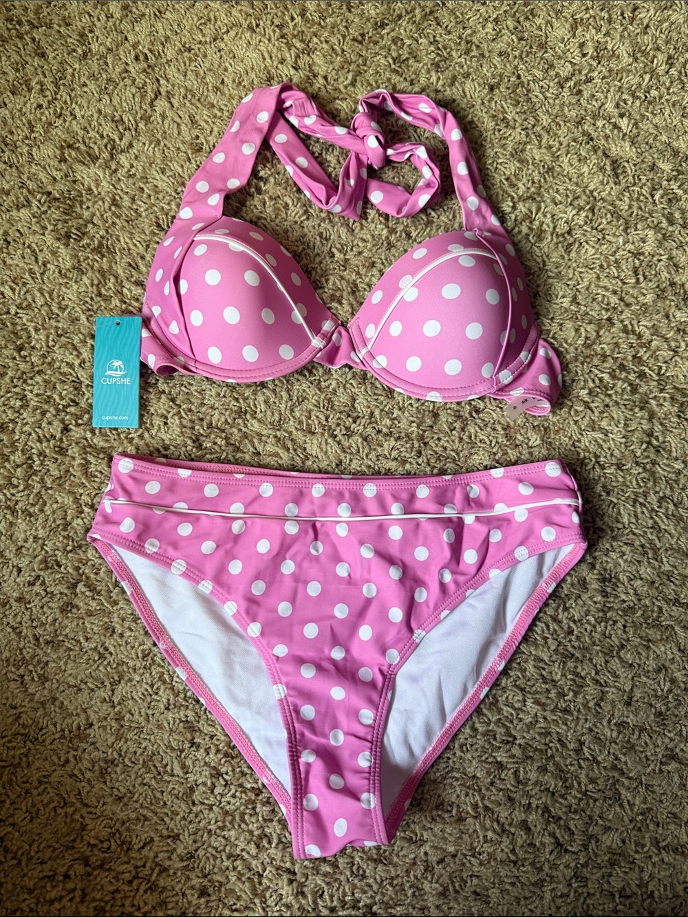 Cupshe Pink White Polka Dot Halter Underwire Bikini Set